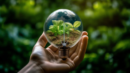 Generative AI : Saving energy concept Earth day Hand holding earth in light bulb against nature on green leaf with butterfly on green park Save the earth and Ecological Element ofの素材