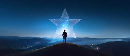 Generative AI : Silhouette of young traveler and backpacker watched the star and milky way alone on top of the mountain He enjoyed traveling and was successful when he reached theの素材