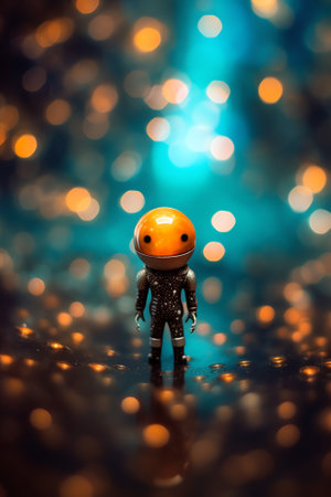 Generative AI : Silhouette of the toy of astronaut against levitating glowing sphere over surface icy planet covered with snow Concept of space travel exploration and colonizationの素材