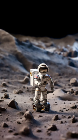 Generative AI : Small astronaut figure clearly visible on the surface of the Moon looks up into the sky at the distant Earth Footprints confirm the presence of a person Elements ofの素材