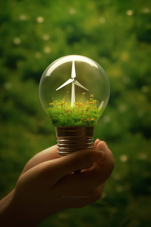 Generative AI : Saving energy concept Earth day Hand holding earth in light bulb against nature on green leaf with butterfly on green park Save the earth and Ecological Element ofの素材