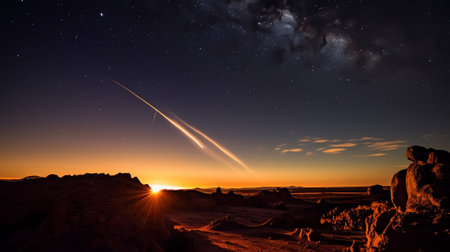 Generative AI : Spectacular view of galaxy in sky with interstellar gas over rough majestic dark rocky mountains of sierra de gredos regional park in spainの素材