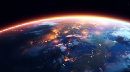 Generative AI : Sunrise view from space on Planet Earth World rotating on its axis in black Universe in stars Cities Lights at Night High detailed 3D Render animation Elements of tの素材