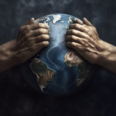 Generative AI : Hands holding the dirty and polluted globeand other hands holding a clean planetEnvironmental protection and waste reductionEarth is chancing due to pollutionElemenの素材