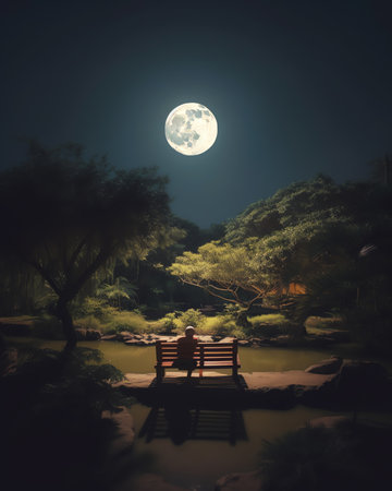 Generative AI : Image of silhouette banana leaves under the moonlight on bright full moon and dark summer blue sky for Asian travel advertising backgroundMoon image furnished by NAの素材