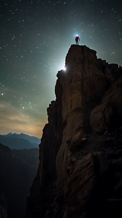 Generative AI : Low angle of silhouette of anonymous tourist standing with light torch on head on cliff against glowing starry sky at nightの素材