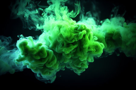 Generative AI : Greenblue smoke in neon light on black backgroundの素材