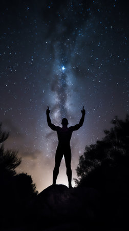 Generative AI : Low angle of silhouette of anonymous tourist standing with light torch on head on cliff against glowing starry sky at nightの素材