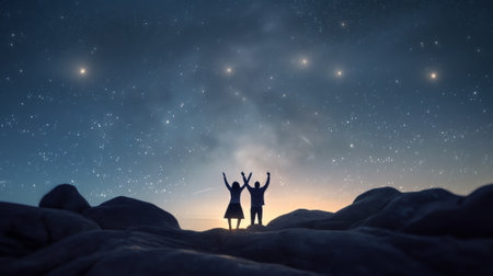 Generative AI : Silhouette of two young man standing open arms and watched the star milky way and night sky on top of the mountain They enjoyed traveling and was successful when heの素材