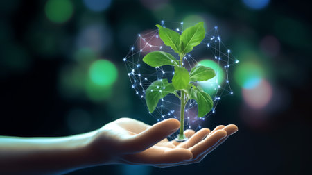 Generative AI : Man hand holding Tree on Earth with technological convergence blue background Green computing csr IT ethics Nature technology interaction and Environmental friendlyの素材