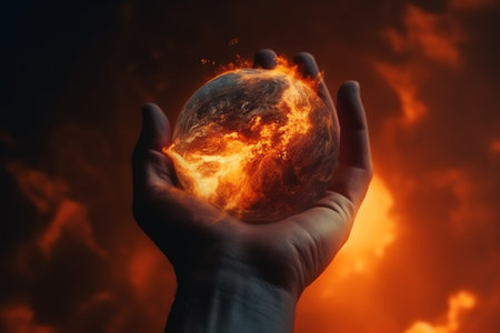 Generative AI : Hand of young man hold world globe with burn hot by drought environment and beautiful green abundance nature metaphor Climate change Elements of this image furnisheの素材