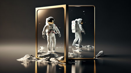 Generative AI : On the Moon Astronaut standing in front of an mysterious open door to another world Image with 3d rendering element and vintage film camera effects Elements of thisの素材