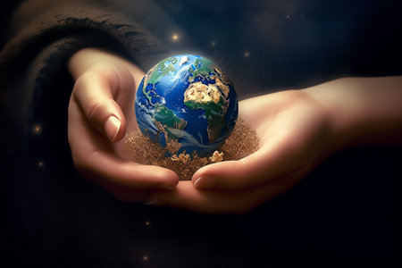 Generative AI : Safe world concept baby Hand and Mom hand Holding Earth ball on Blue Bokeh backgroundCopy Space on horizontal sheetClipping pathElements of this image furnished byの素材