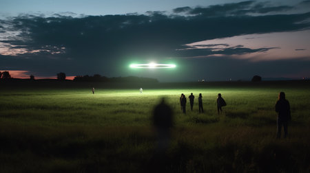 Generative AI : Scenic scifi image ufo inspect green grass field with bright spotlight in dark night sky Nebula and full moon in starry sky Elements of this image furnished by NASAの素材