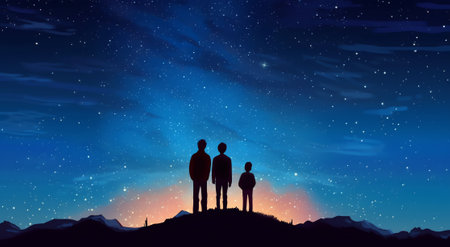 Generative AI : Milky Way with silhouette of a family Father and a son who pointing finger in night starry sky on the mountain Night landscape Beautiful Universe Space Travel backgの素材