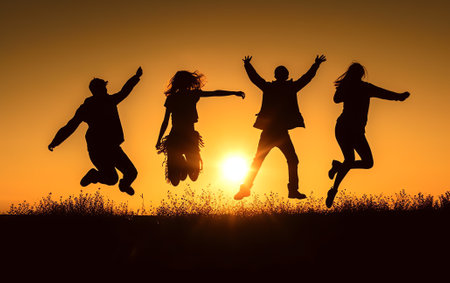 Generative AI : Silhouette of friends jumping at Solar Eclipse Elements of this image furnished by NASAの素材