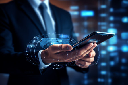 Generative AI : Man hand holding smartphone with Technology Economic Tree growing on Earth and wireframe background Green computing Green IT csr and IT ethics Concept Elements furnの素材
