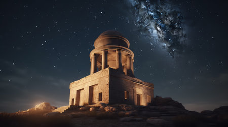 Generative AI : Old astronomy tower Milky way galaxy in the background Ruins of the ancient city of Harran Urfa Turkey Mesopotamia Elements of this image furnished by NASAの素材