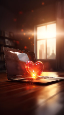 Generative AI : Red fabric heart love air balloon fly over moon and pink star on computer screen on wooden table over city Internet dating online Valentines day concept Elements ofの素材
