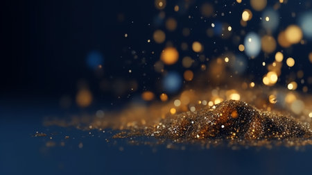 Generative AI : Shiny Dust Particles Galaxy in Blue Fluid Gold glittering particles floating in a blue liquid Abstract magic sparkling backgroundの素材