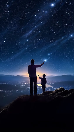 Generative AI : Silhouette of two young man standing open arms and watched the star milky way and night sky on top of the mountain They enjoyed traveling and was successful when heの素材