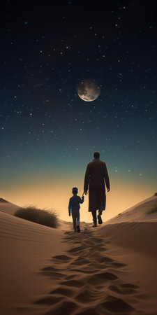 Generative AI : Milky Way with silhouette of a family Father and a son who pointing finger in night starry sky on the mountain Night landscape Beautiful Universe Space Travel backgの素材