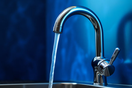 Generative AI : Steel less steel Tap or Faucet closeup with dripping water drop on the world in blue background Water day and save water concept Elements of this image furnished byの素材