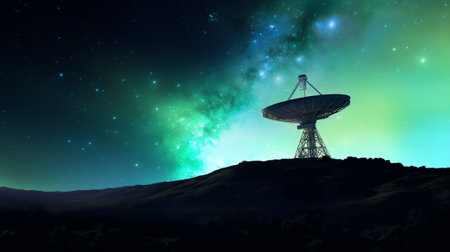 Generative AI : Radio telescopes and the Milky Way at night Milky way panorama Milky way over radio telescopesの素材
