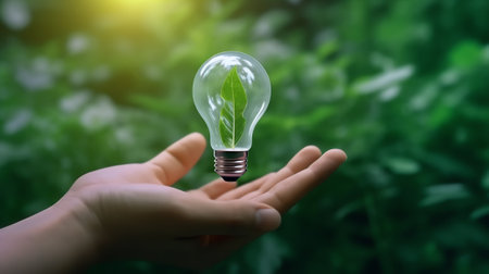Generative AI : Saving energy concept Earth day Hand holding earth in light bulb against nature on green leaf with butterfly on green park Save the earth and Ecological Element ofの素材