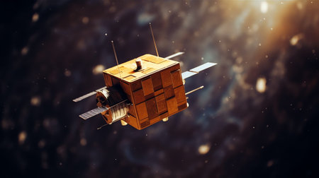 Generative AI : Small squared Satellite orbiting in outer space above planet earth deployed by the international space station Digitally enhanced Elements of this image furnished bの素材