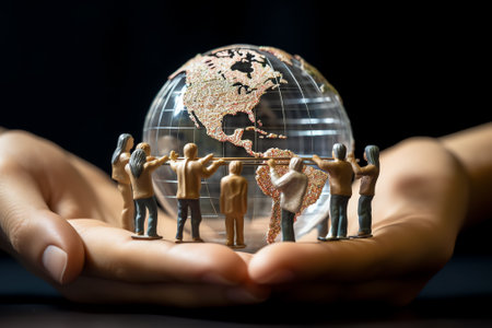 Generative AI : Group of Hands holding earth globe on blue background International human solidarity day concept world health day safe world concept with copy space Elements of thiの素材