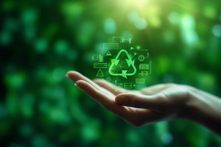 Generative AI : Man hand holding smartphone with Technology Economic Tree growing on Earth and wireframe background Green computing Green IT csr and IT ethics Concept Elements furnの素材