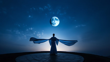 Generative AI : Iranian girl wearing abaya with taking selfie Historic City of Yazd with famous wind towers in the background full moon at twilight blue hour YAZD IRAN Elements ofの素材