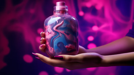 Generative AI : Glowing pink purple waves mermaid shimmering cosmetic miracle texture gel body sprayの素材