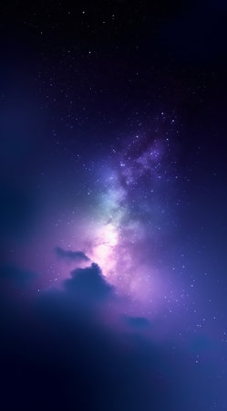 Generative AI : Panorama purple and blue night sky milky way and star on dark backgroundwith noise and grainPhoto by long exposure and select white balanceの素材