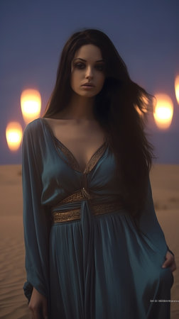 Generative AI : Iranian girl wearing abaya with taking selfie Historic City of Yazd with famous wind towers in the background full moon at twilight blue hour YAZD IRAN Elements ofの素材