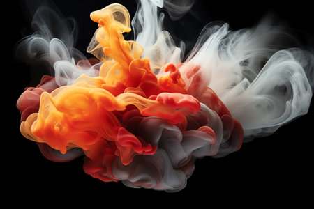 Generative AI : Orange smoke on black ink background colorful fog abstract swirling ocean sea acrylic paint pigment underwaterの素材
