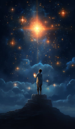 Generative AI : Starcatcher A person is standing next to the Milky Way galaxy pointing on a bright starの素材