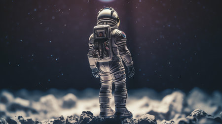 Generative AI : Silhouette of the toy of astronaut against levitating glowing sphere over surface icy planet covered with snow Concept of space travel exploration and colonizationの素材