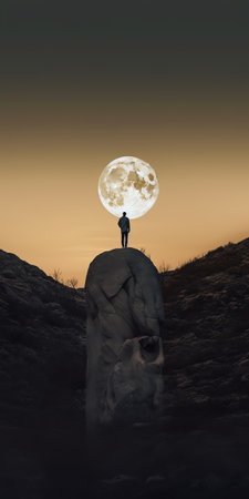 Generative AI : Man walking towards the full moonの素材