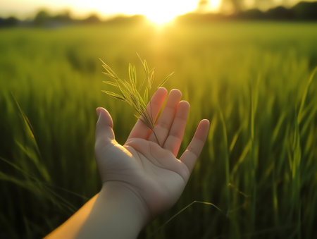 Generative AI : Human hand holding Grass medical cross over half world with grass on Green background Healthcare World health day World environment day and Sustain earth Concept Thの素材