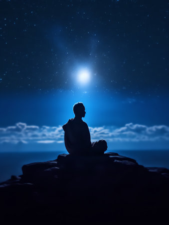 Generative AI : Silhouette of man in yoga lotus pose on top of mountain Meditation and astrology Esoterica and psychology Elements of this image furnished by NASAの素材