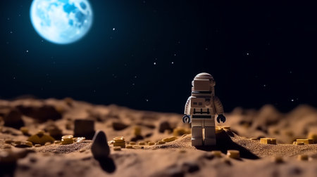 Generative AI : Small astronaut figure clearly visible on the surface of the Moon looks up into the sky at the distant Earth Footprints confirm the presence of a person Elements ofの素材