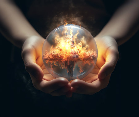 Generative AI : Hand of young man hold world globe with burn hot by drought environment and beautiful green abundance nature metaphor Climate change Elements of this image furnisheの素材