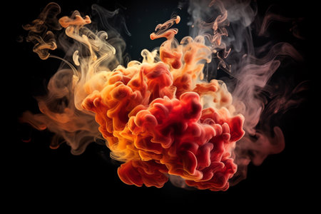 Generative AI : Orange smoke on black ink background colorful fog abstract swirling ocean sea acrylic paint pigment underwaterの素材