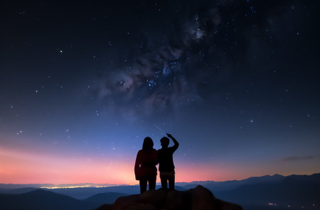 Generative AI : Silhouette of two young man standing open arms and watched the star milky way and night sky on top of the mountain They enjoyed traveling and was successful when heの素材