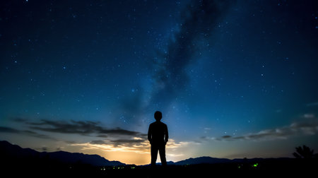 Generative AI : Silhouette a person standing looking at the star field and the milky wの素材