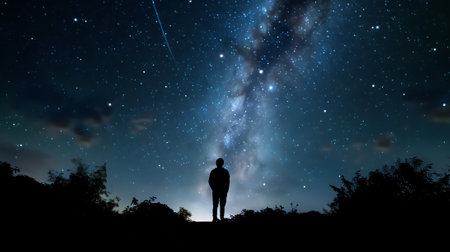 Generative AI : Silhouette a person standing looking at the star field and the milky wの素材