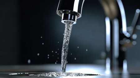 Generative AI : Steel less steel Tap or Faucet closeup with dripping water drop on the world in blue background Water day and save water concept Elements of this image furnished byの素材