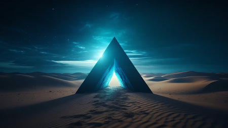 Generative AI : Modern futuristic neon abstract background Large triangle glowing purple object in the center of sand dune and lonely woman silhouette walking in the desert Dark scの素材